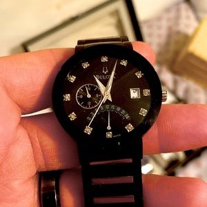 Men's Bulova Modern Diamond Accent Two-Tone IP Watch with Black Dial